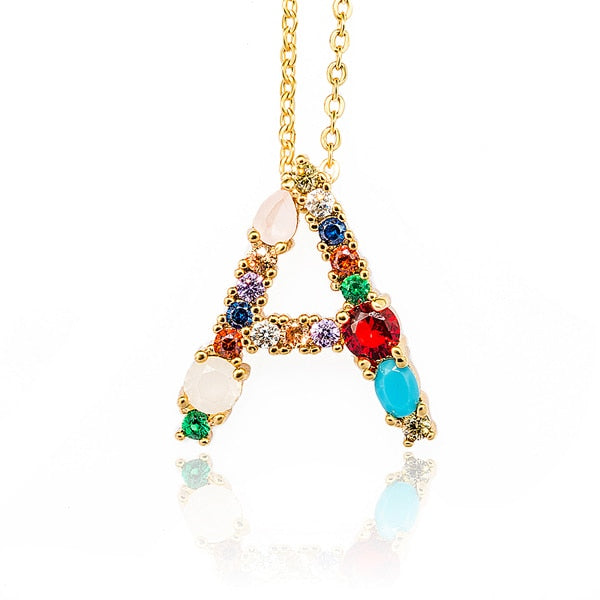 Gold Color Initial Multicolor CZ Necklace