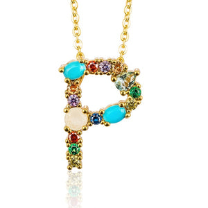 Gold Color Initial Multicolor CZ Necklace