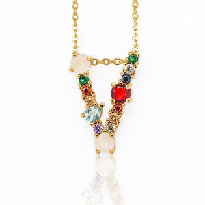 Gold Color Initial Multicolor CZ Necklace